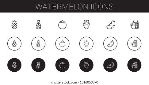 watermelon icons set. Collection of watermelon with pineapple, mangosteen, strawberry, melon, breakfast. Editable and scalable watermelon icons.