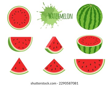 Watermelon icons set, half, slices and triangles. Cartoon Vector illustration.