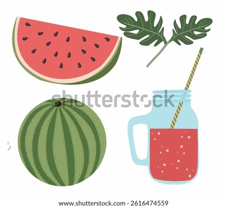 Watermelon icons set of ripe fruit pieces, halved slices, whole watermelons, rind, seedm leaves and fresh juice. Fresh green organic fruit Sweet desserts. Healthy vegan food 