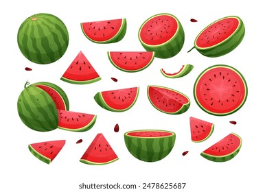 Watermelon icons set. Vector cartoon collection of ripe fruit pieces, halved and triangular slices, whole watermelons, rind, seed. Fresh green organic fruit. Sweet desserts. Healthy vegan food