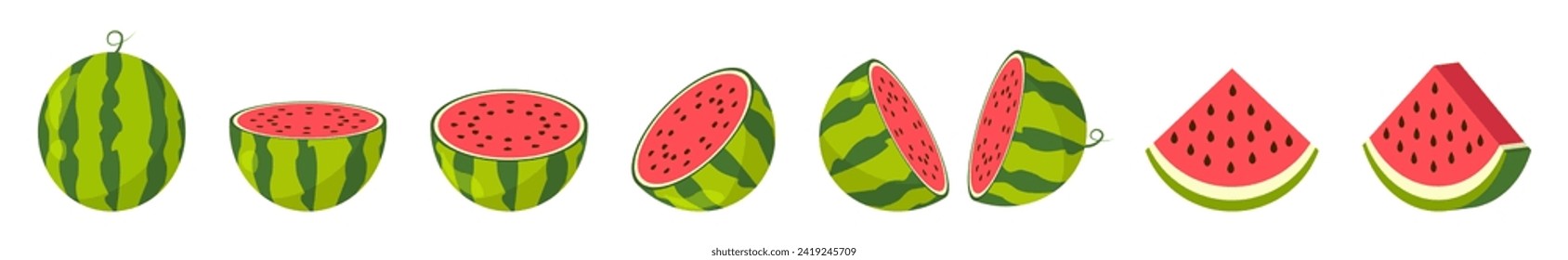 Wassermelon-Illustrationssatz.Cartoon-Stil Wassermelonensortiment, halbes, geschnittenes und dreieckiges Stück.Frische grüne Wassermelone im Cartoon-Stil