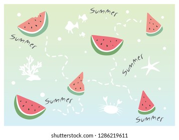 Watermelon image design with various things in the sea as a component and the word summer.