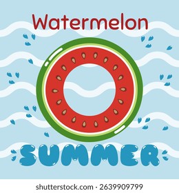 Watermelon Inflatable Ring in Pool with Splashes and Hello Summer Text. Funny Summer Social Media Banner with Watermelon. Vector illustration.