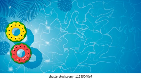 Watermelon inflatable in swimming pool with shadow tropical leaves vacation summer vector illustration