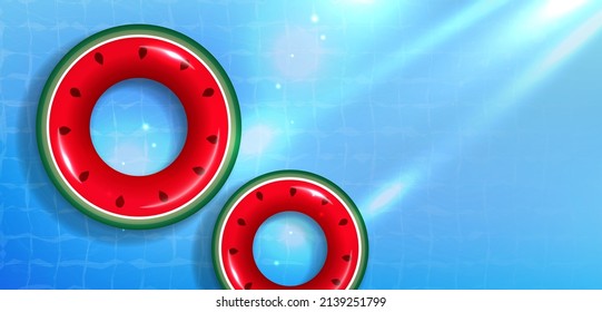 Watermelon inflatable toy float on pool water background with sunlight for summer holiday top view. Vector illustration.