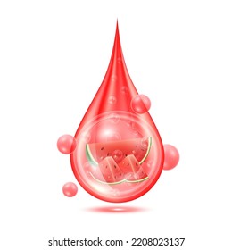 Watermelon inside water droplets red shining with oxygen bubbles isolated on white background. Serum vitamin collagen used for products skincare cosmetic. Realistic 3d vector EPS10.