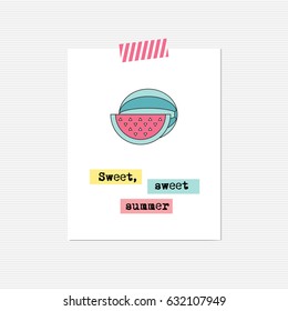 Watermelon inspirational card with pineapple. Sweet, sweet summer. Printable poster, design for summer products, tour agency brochure or banner. Simple elegant modern design.