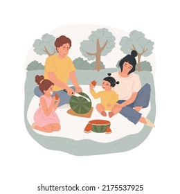 Watermelon isolated cartoon vector illustration. Parent cuts watermelon, kids eating juicy fruit, family having picnic in a park, sitting on grass, leisure time in the nature vector cartoon.