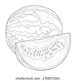 
Watermelon isolated on white background. Fruit.Black and white drawing.Coloring book antistress for children and adults. Illustration isolated on white background.Zen-tangle style.