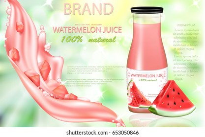 Watermelon juice ads, juice bottle and  watermelon slices, realistic  vector illustration. 