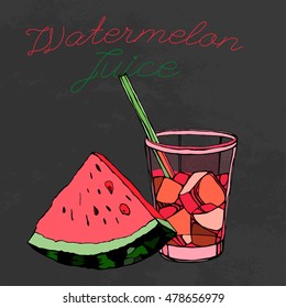 Watermelon juice. Beautiful hand drawn vector illustration on a textured background. Unique artistic concept