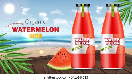 Watermelon juice bottles Vector realistic. Product placement label design. Fresh drink mock up. Organic natural juicy refreshment 3d illustration