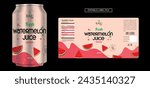 Watermelon juice drink label design, soft drink label design. Soda can label vector. Energy drink label design. Watermelon fruit juice template design 3d illustration editable vector print ready file.