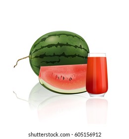 Watermelon juice and fresh watermelon isolated on white background, vector illustration.