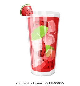 Watermelon juice in a glass cup with ice cube  and mint. Isolated on white background