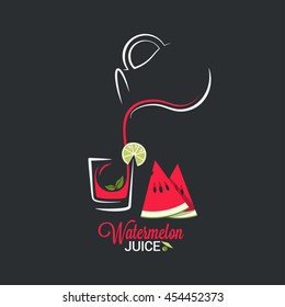 Watermelon juice. Glass and jug of summer smoothie. Cold drink with lime design vector background.