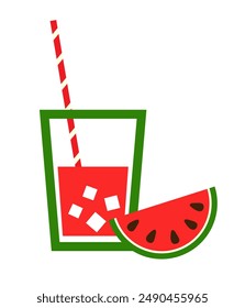 Watermelon juice glass and watermelon slice in flat style on white background. For poster design, poster, website, mobile app, social media design. Healthy food. Vector graphics 