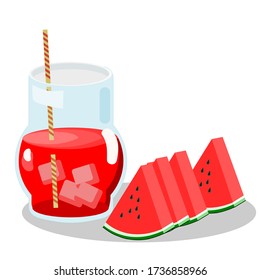 Watermelon juice and ice in a glass with sliced ​​watermelon placed on the side, vector illustration.Isolated On White Background.Idea for making posters, restaurant menus. 