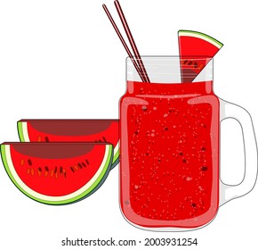 Watermelon juice in a jar for banners, flyers, posters, cards, menu. Fruit juice from watermelons. Delicious, fresh, sweet summer dessert. Watermelon day. Vector illustration in cartoon style
