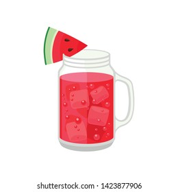 Watermelon juice in a jar with a handle. Vector illustration on white background.