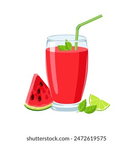 Watermelon juice with lime and mint. Glass of fresh red fruit smoothie. Vector cartoon flat illustration.