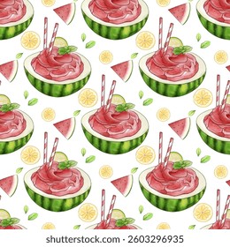 Watermelon juice seamless pattern with lime slice and mint leaves on white background 