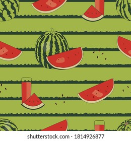 Watermelon and watermelon juice and seeds seamless pattern
