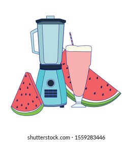 watermelon juice and slices and blender over white background, vector illustration