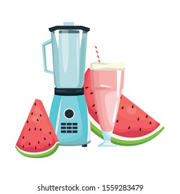 watermelon juice and slices and blender over white background, vector illustration