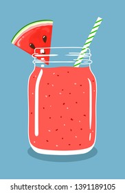 Watermelon juice smoothie in mason jar with slice of fresh watermelon and swirled straw isolated on background. Fresh natural healthy fruit and berry drink. Vector hand drawn illustration eps10.