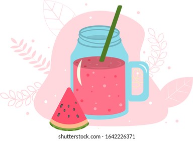 Watermelon juice smoothie in a Mason jar with a slice of fresh watermelon and straw. Fresh natural healthy fruit and berry drink. Vector hand-drawn illustration of eps8.