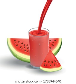 Watermelon juice with splash isolated on white. glass with red fresh Watermelon Juice. 3d realistic Vector illustration for your design