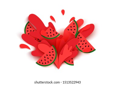 Watermelon juice splashes and drops in a paper cut style. Watermelon slices and paper slices. soft shadows and rich bright colors. stock vector illustration.