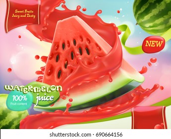 Watermelon juice. Sweet fruits. 3d realistic vector, package design