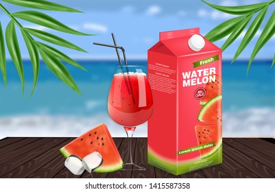 Watermelon juice Vector realistic. Product placement label design. Fresh drink mock up. Organic natural juicy refreshment 3d illustration
