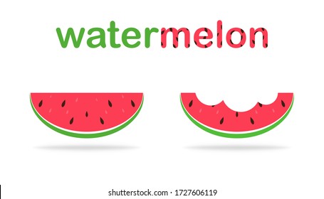 Watermelon juicy fruit icon. Illustration of summer in tropical pattern. Sweet slice of melon. Isolated watermelon with bite and text. Fresh fruit in green and pink colors and seeds. Vector EPS 10.