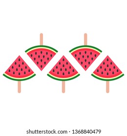 Watermelon juicy ice cream, bright homemade frozen popsicle vector icon on wooden stick. Set of watermelon slice ice cream