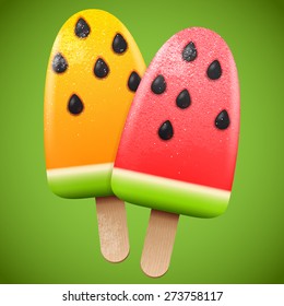 Watermelon juicy ice cream, bright homemade frozen popsicle; vector realistic graphic  icon 