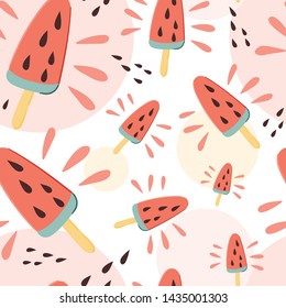 Watermelon juicy ice cream summer seamless pattern. Hand drawn cartoon doodle style background. Stock vector