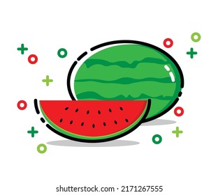 Watermelon and juicy slice, watermelon vector in flat design. Summer food concept illustration isolated on white background. Icon.