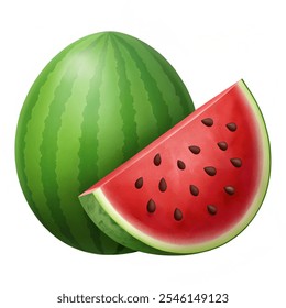 Watermelon and juicy watermelon slice vector icon fresh fruit for health. fruit vector illustration  isolated on white background.