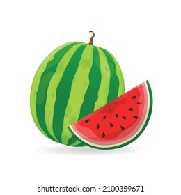 Watermelon and juicy watermelon slice vector illustration in flat design isolated on white background.