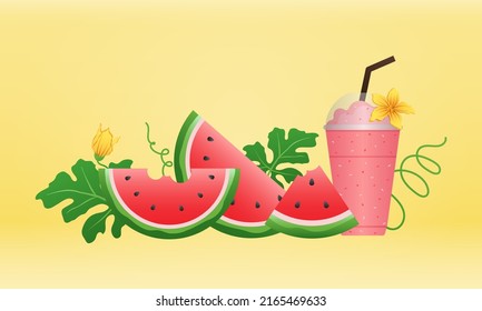 Watermelon and juicy slices banner, flat design of green leaves and watermelon flower illustration, Fresh and juicy fruit concept of summer food.