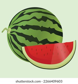 Watermelon and juicy slices, green leaves and yellow watermelon flower vector illustration in flat design. Summer food concept