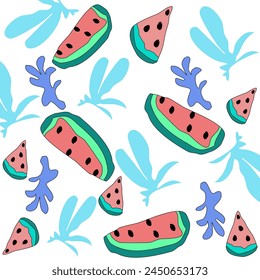Watermelon juicy slices with green tropical leaves on white background. Seamless natural floral pattern
