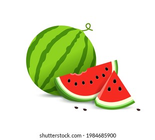 Watermelon and juicy slices. Half and triangular slice with seeds. vector illustration Water melon  in flat style. concept Summer food. isolated on white background.