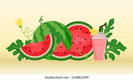Watermelon and juicy slices vector, flat design of green leaves and flower and watermelon juice illustration, Fresh and juicy fruit concept of summer food.