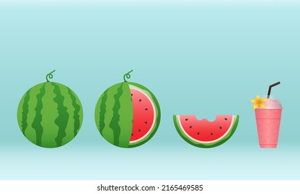 Watermelon and juicy slices vector set, flat design of green leaves and watermelon flower illustration, Fresh and juicy fruit concept of summer food.
