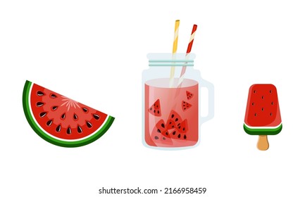 Watermelon and juicy slices vector set, watermelon ice cream. Fresh and juicy fruit concept of summer food isolated on white background.