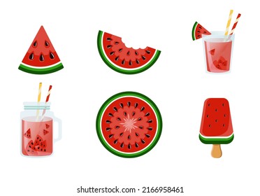 Watermelon and juicy slices vector set, watermelon ice cream. Fresh and juicy fruit concept of summer food isolated on white background.